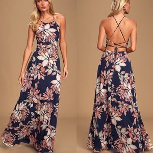 Lulu’s Adventure Seeker Navy Blue Floral Print Maxi Dress S